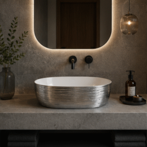Silver Ceramic Countertop Basin – 40 x 40 x 14cm – White & Silver