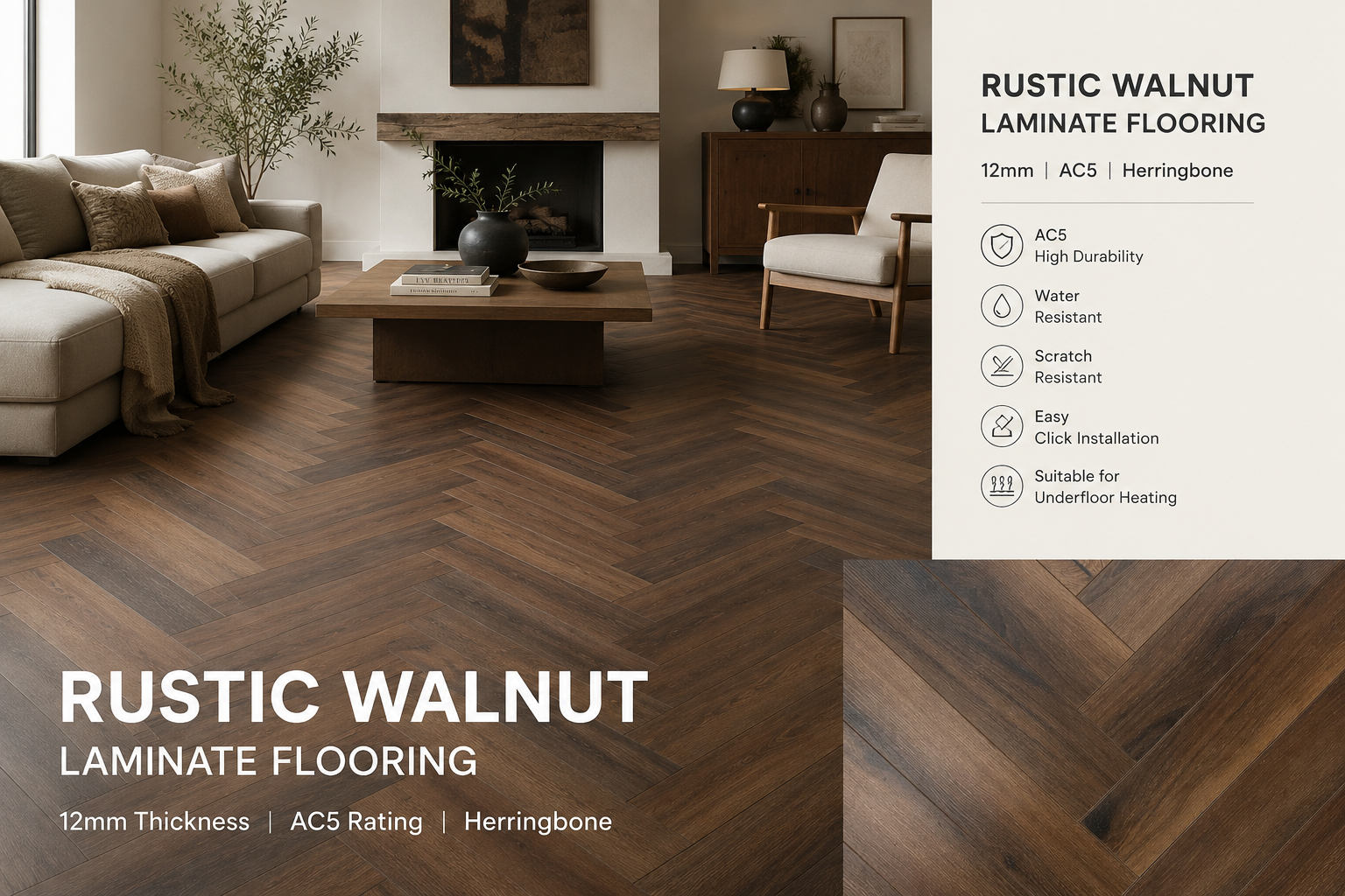 Rustic Walnut Herringbone 12mm Laminate
